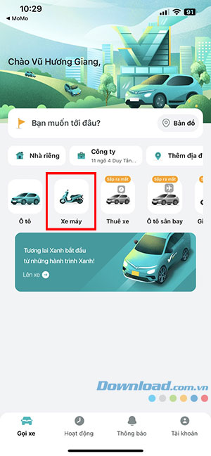 Hướng dẫn đặt xe máy điện taxi điện trên ứng dụng Xanh SM Download