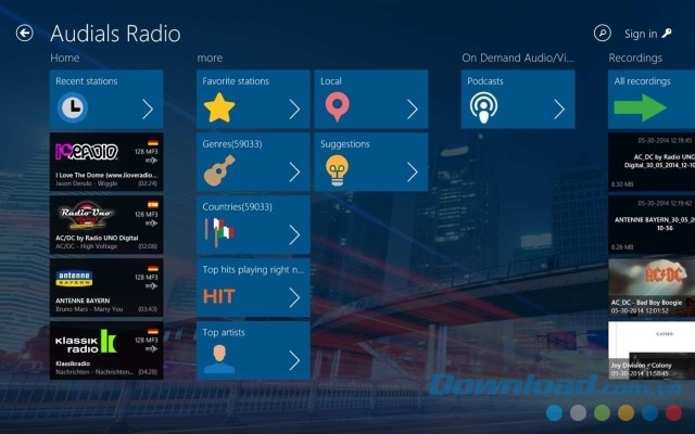 Giao diện chính của ứng dụng Audials Radio cho Windows 10 và Windows 8.1