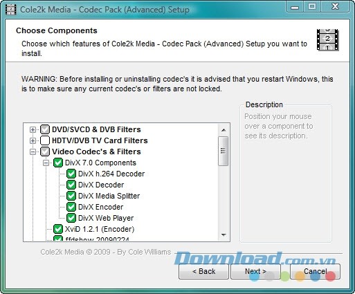 Màn hình giao diện chính của Cole2k Media - Codec Pack Advanced