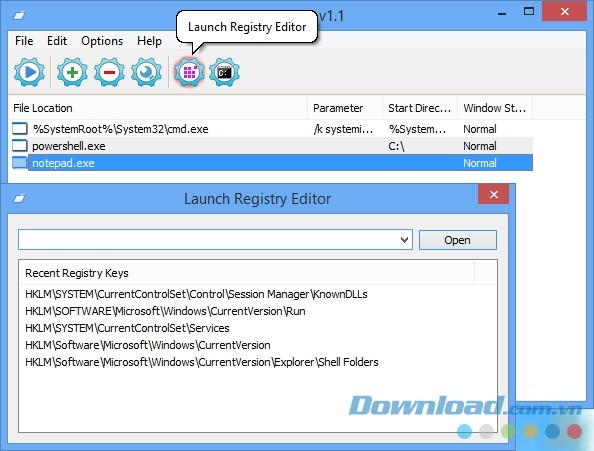 Nút "Launch Registry Editor" hiển thị ngay trên thanh menu chính