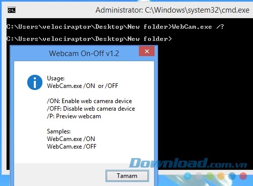 Sử dụng dòng lệnh "webcam.exe /?" để xem tất cả các dòng lệnh Webcam On-Off hỗ trợ