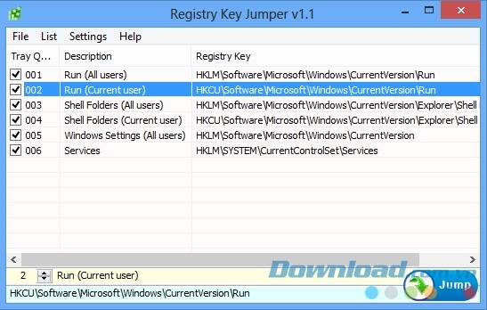 Giao diện phần mềm Registry Key Jumper