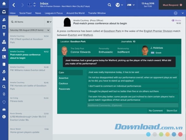 Xem hộp thư có nội dung liên quan đến trận đấu trong game quản lý bóng đá Football Manager 2017 