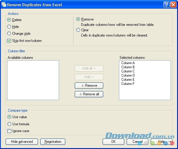 Những thiết lập cài đặt tiện dụng của Remove Duplicates from Excel