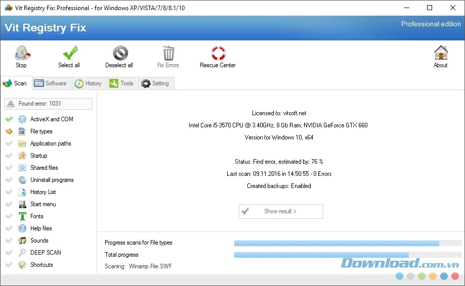 Giao diện chính của chương trình dọn dẹp Registry Vit Registry Fix: Professional
