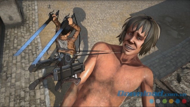 Sử dụng dây để tiếp cận người khổng lồ trong game hành động Attack On Titan: Wings Of Freedom cho máy tính
