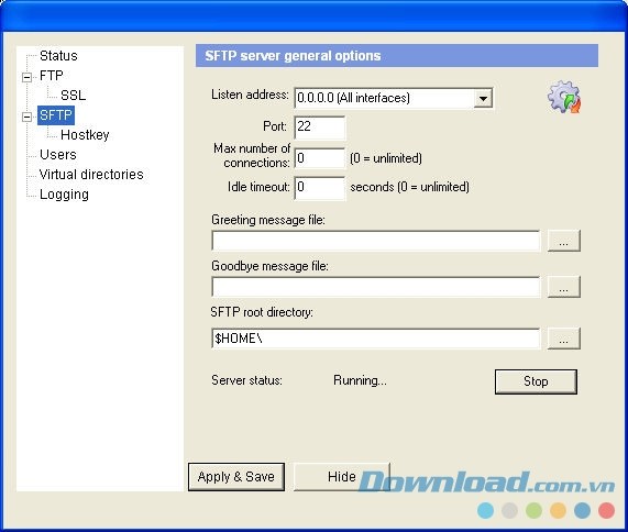 Sử dụng các tùy chọn chung dành cho máy chủ SFTP của ứng dụng miễn phí FreeFTPd cho máy tính Sử dụng các tùy chọn chung dành cho máy chủ SFTP của ứng dụng miễn phí FreeFTPd cho máy tính