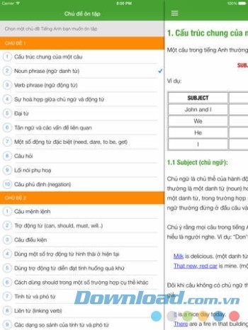  Hiển thị Mục lục khi vuốt ngang màn hình lúc ôn tập