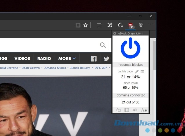 Chạy tiện ích cho trình duyệt Edge uBlock Origin với nút bấm trong thanh công cụ