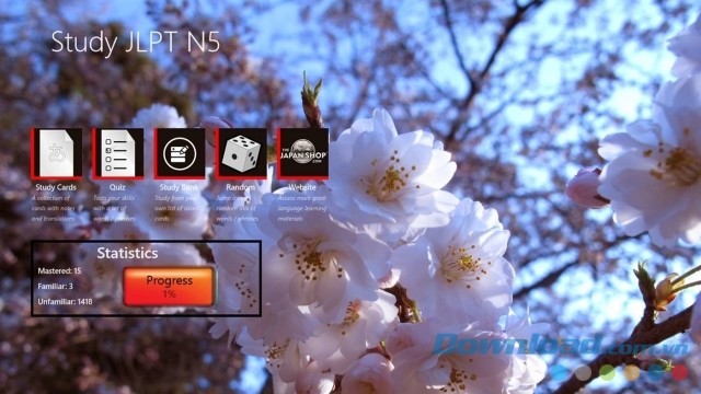 Giao diện ứng dụng học Tiếng Nhật Study JLPT N5 cho Windows 8.1 và Windows 10