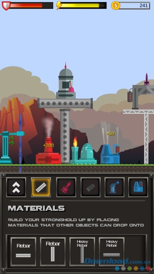Sử dụng nhiều vật liệu độc đáo trong quá trình chơi game chiến thuật miễn phí Stronghold2D cho máy tính