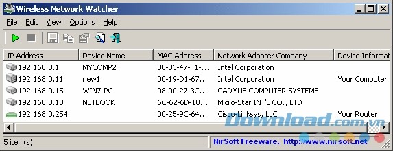 Wireless Network Watcher liêt kê danh sách các thiết bị có kết nối mạng
