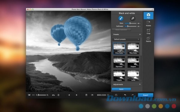 Giao diện phần mềm chuyển ảnh màu thành đen trắng Movavi Photo Noir cho Mac
