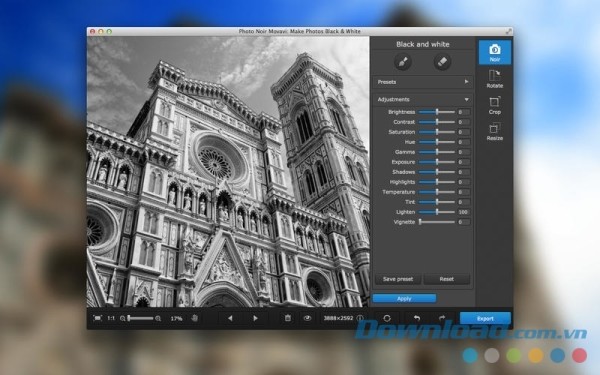 Tab điều chỉnh mọi giá trị hình ảnh trên Movavi Photo Noir cho Mac 