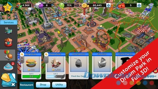 RollerCoaster Tycoon Touch cho iOS tùy chỉnh công viên toàn diện trên nền đồ họa 3D