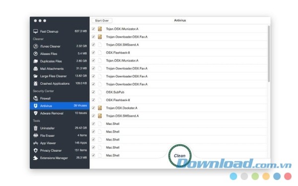 OS Cleaner 3 cho Mac hoạt động như một phần mềm diệt virus 