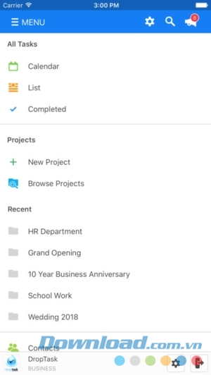Menu của DropTask cho iOS