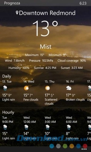 Prognoza cho Windows Phone hiển thị thời tiết ở một vị trí cụ thể