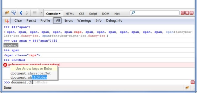 Gợi ý lệnh trên trình duyệt sử dụng Firebug