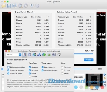 Xem và so sánh file Flash tối ưu với Eltima Flash Optimizer cho Mac
