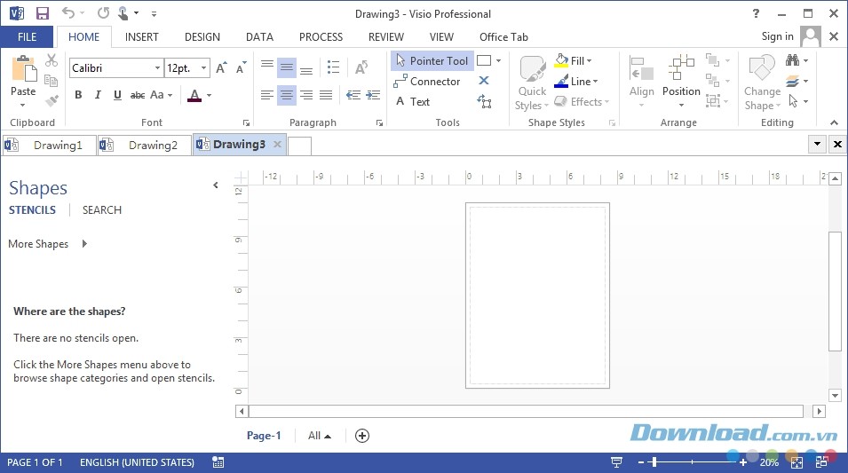 Giao diện Microsoft Visio sau khi cài Office Tab