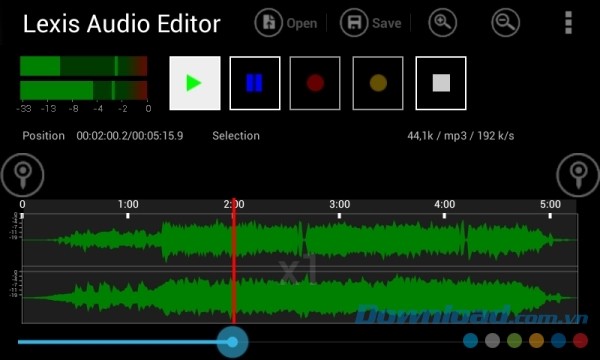 Lexis Audio Editor cho Android hiển thị các chức năng cơ bản phía trên màn hình