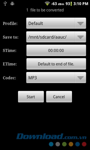 Giao diện chuyển đổi file của Audio Editor for Android