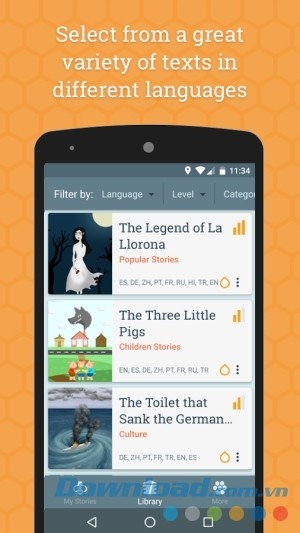 Lựa chọn ngôn ngữ đa dạng trong Beelinguapp cho Android