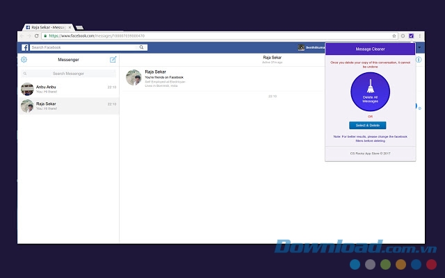 Công cụ Messenger Cleaner giúp xóa tin nhắn Facebook nhanh chóng và hiệu quả. https://st.download.com.vn/Data/Image/2017/08/01/message-cleaner-xoa-tin-nhan.jpg