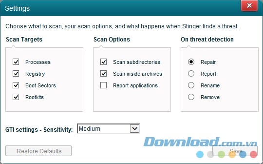 Các thiết lập Scan trên McAfee Stinger