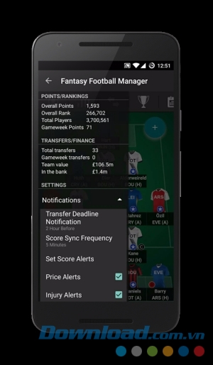 Bảng điểm đội tuyển của Fantasy Football Manager cho Android