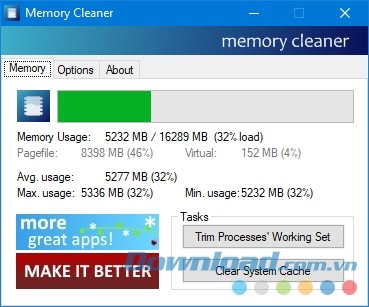 Giải pháp tối ưu bộ nhớ RAM hiệu quả cho máy tính với Memory Cleaner 2.72. https://st.download.com.vn/Data/Image/2017/09/23/memory-cleaner-giao-dien.jpg