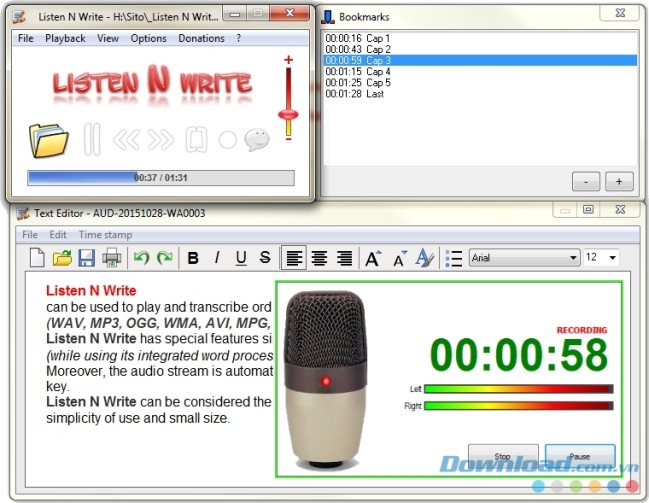 Giao diện sử dụng phần mềm ghi âm Listen N Write Free