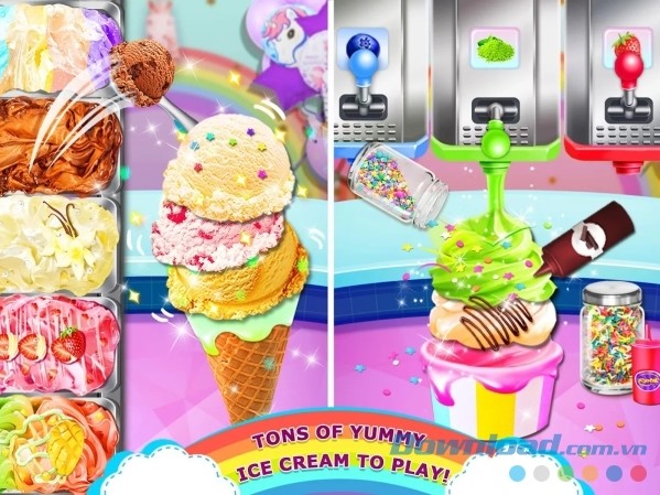 Thỏa sức thử đủ loại nguyên liệu làm kem trong Rainbow Ice Cream cho Android