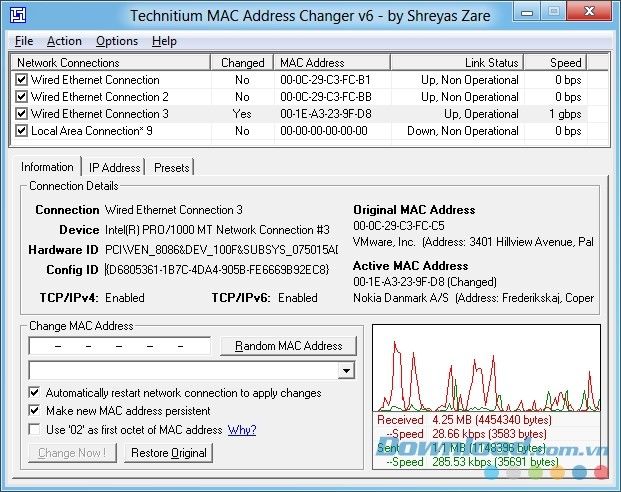 Thay đổi địa chỉ MAC nhanh chóng và hiệu quả với Technitium MAC Address Changer 6.0.7. https://st.download.com.vn/Data/Image/2018/02/01/technitium-mac-address-changer-giao-dien.jpg