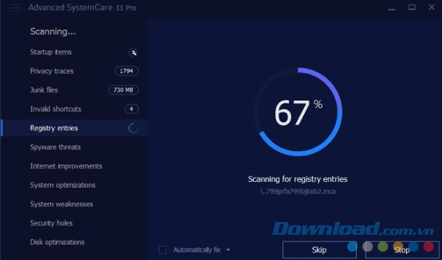 Advanced SystemCare 11 Pro hiển thị phần trăm dữ liệu