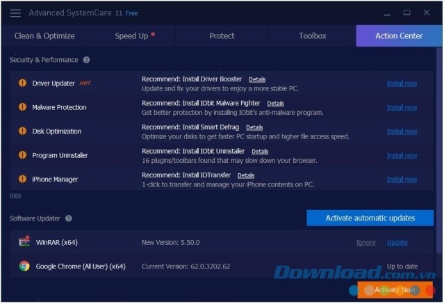 Giao diện action center của Advanced SystemCare Free