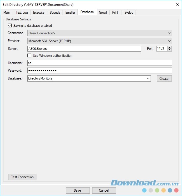Directory Monitor hỗ trợ lưu cơ sở dữ liệu