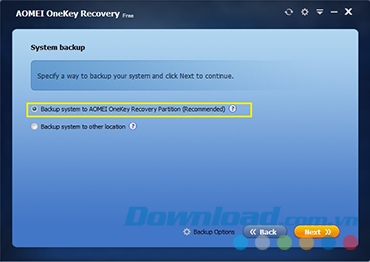 Tùy chọn sao lưu trên AOMEI OneKey Recovery 
