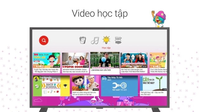 Các video được phân chia thành 4 mục gồm Học tập, Chương trình, Âm nhạc và Khám phá