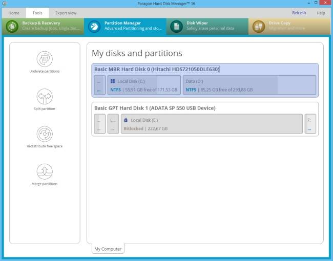 Paragon Hard Disk Manager for Windows hiển thị dung lượng đĩa