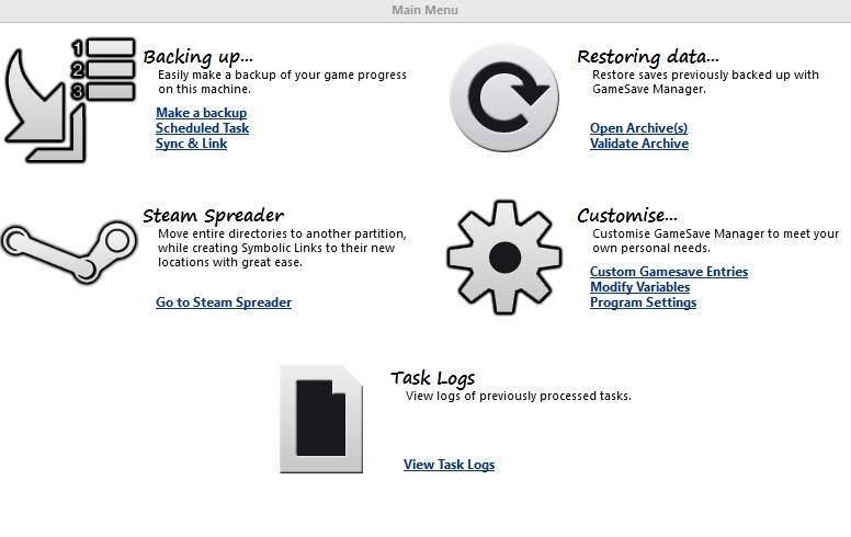 Bảng tác vụ của GameSave Manager
