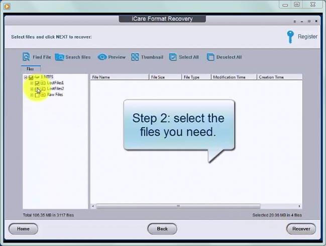 Chọn file bạn muốn iCare Format Recovery khôi phục