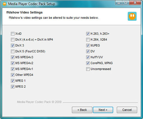 Các tùy chọn Media Player Codec Pack