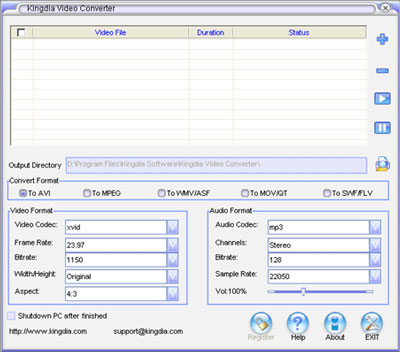 Kingdia Video to AVI/WMV/MPG/MOV/DVD/FLV Converter