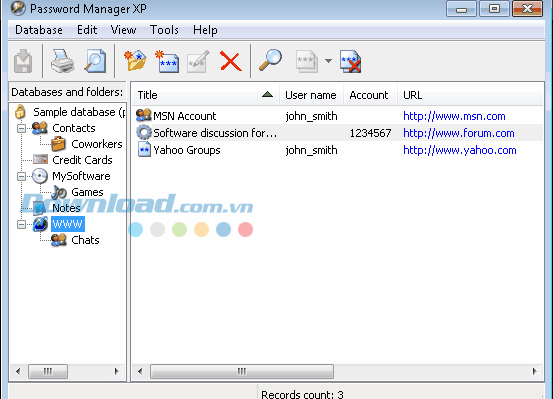 Màn hình làm việc chính của Password Manager XP