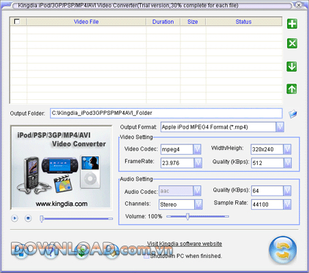 Kingdia iPod/PSP/3GP/MP4/AVI Video Converter