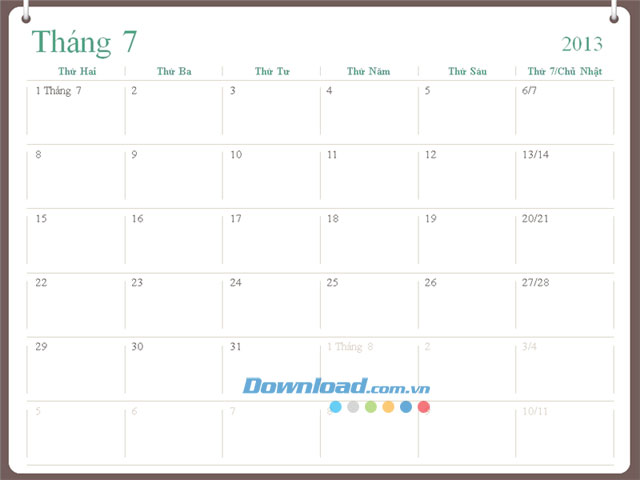 Giao diện mẫu Lịch học 2013-2014 (Tháng 7)