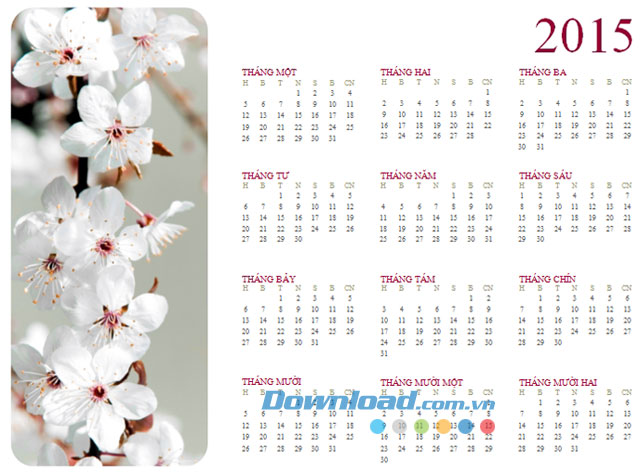 Lịch ảnh năm Thứ Hai - Chủ Nhật năm 2015