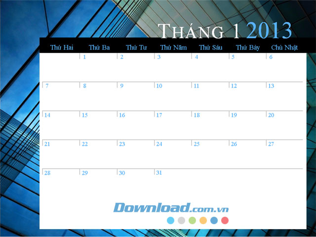 Lịch 2013 (Thứ Hai-Chủ Nhật)